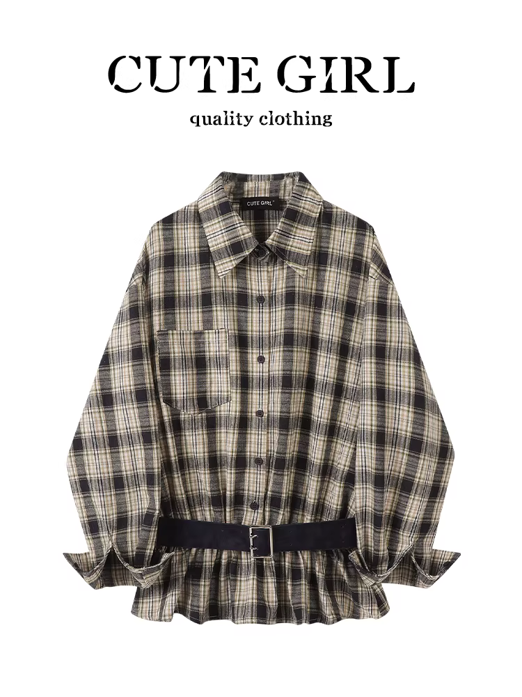 Áo sơ mi cổ polo kẻ sọc phong cách Hàn Quốc có thắt lưng dành cho nữ, thiết kế mùa thu, dáng rộng và đa năng, áo độc đáo