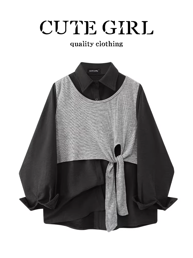 Áo sơ mi giả hai mảnh dệt kim kẻ sọc thiết kế dễ thương dành cho nữ, phong cách mùa thu, áo sơ mi dáng rộng, giản dị và đa năng