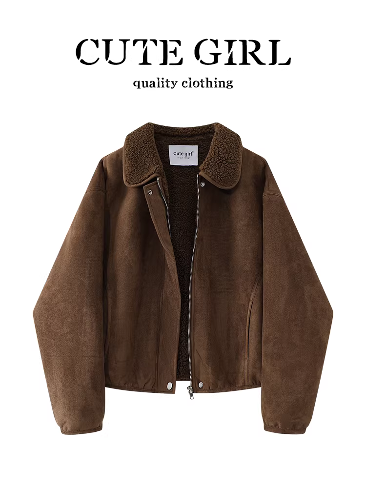 Áo khoác da lộn len cừu màu cà phê cổ điển của CuteGirl dành cho nữ, áo khoác dáng rộng cao cấp mùa thu đông