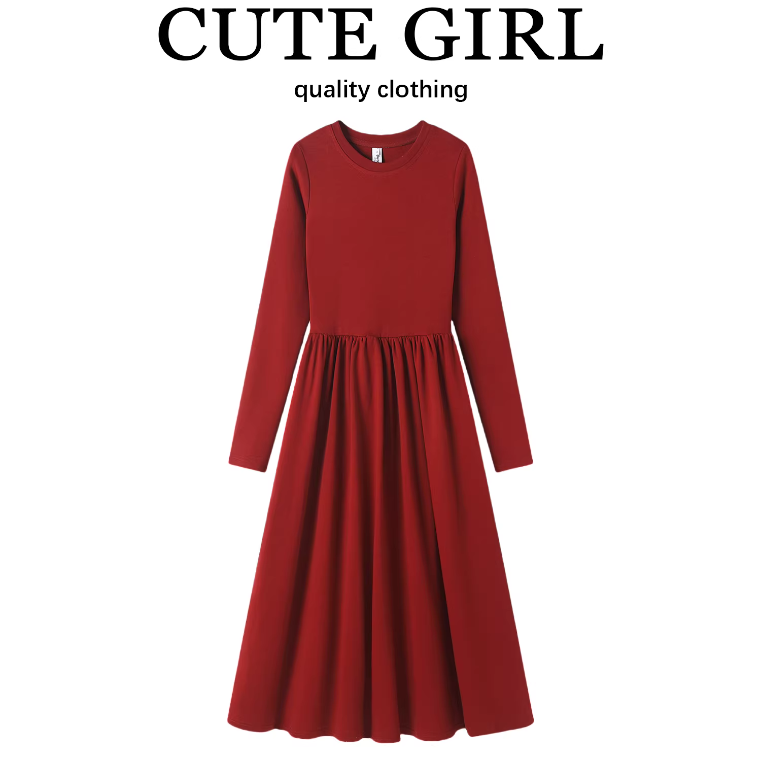 Váy dệt kim màu đỏ năm mới của CuteGirl có lớp bên trong, váy dài chữ A tôn dáng, tôn dáng, thon gọn eo