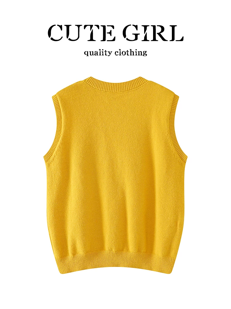 Áo vest dệt kim jacquard màu vàng phong cách lười biếng của CuteGirl dành cho nữ, mùa thu đông, áo vest thanh lịch, rộng rãi, giản dị và đa năng