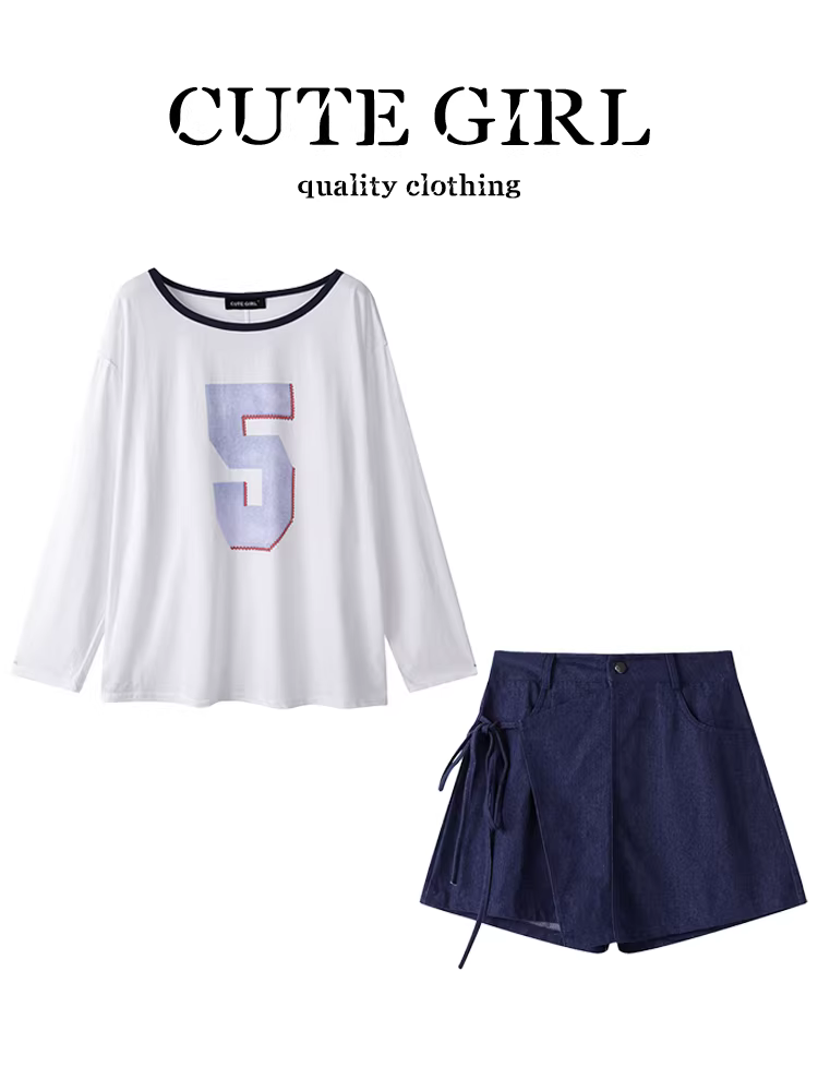 Bộ trang phục mùa hè xinh xắn của CuteGirl dành cho nữ, áo thun dài tay in họa tiết giảm tuổi tác phong cách Mỹ và quần short cạp cao hai mảnh