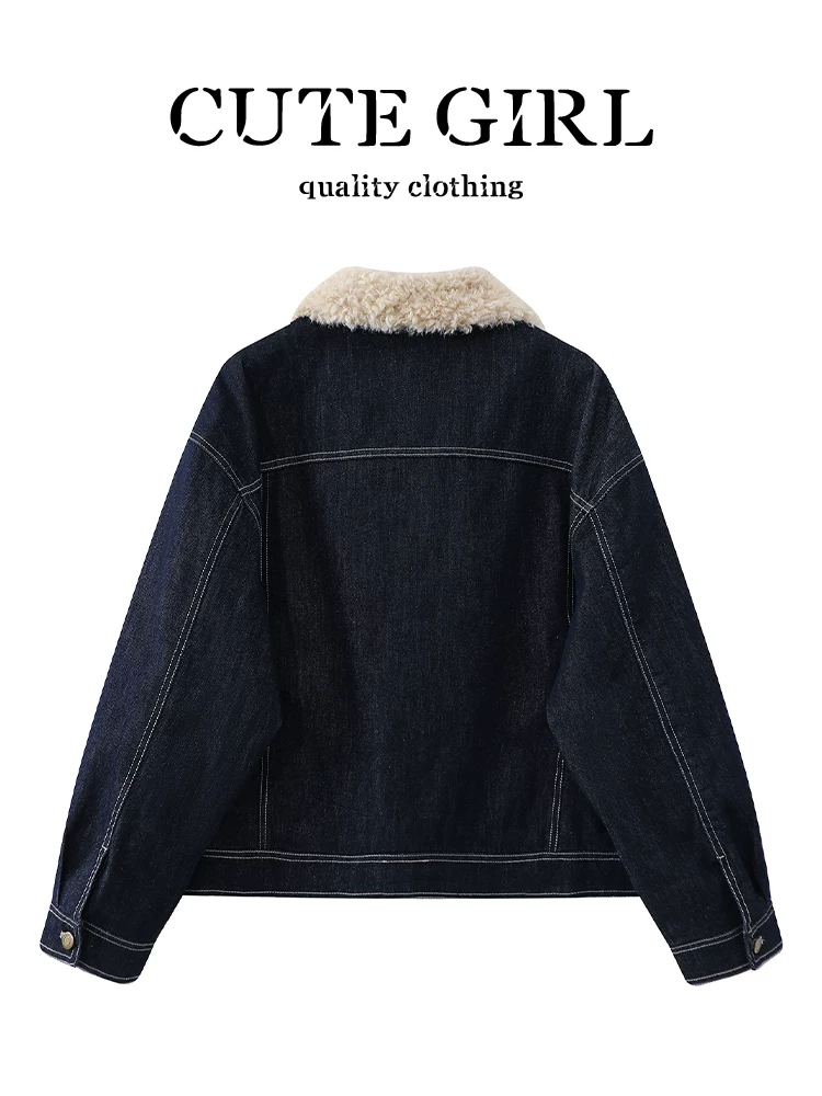 Áo khoác denim cổ lông cổ điển Hàn Quốc CuteGirl dành cho nữ, mùa thu đông, dáng nhỏ nhắn, dáng rộng, giản dị, áo khoác đa năng