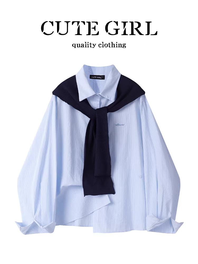 Áo sơ mi khăn choàng thêu chữ sọc xanh phong cách Hàn Quốc CuteGirl dành cho nữ, áo sơ mi dài tay giảm tuổi mùa thu ngọt ngào