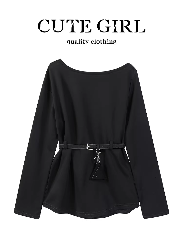 Áo thun dài tay màu đen cổ điển kiểu Hàn Quốc có thắt lưng dành cho nữ, phong cách mùa thu, dáng rộng và đa năng, áo độc đáo