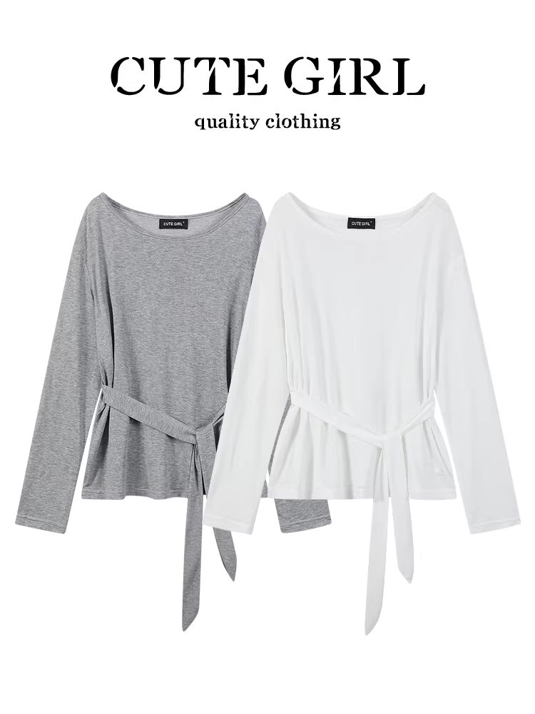 CuteGirl phong cách Hàn Quốc đơn giản mỏng cổ tròn màu trắng chống nắng áo thun cho nữ mùa hè thanh lịch thắt lưng áo