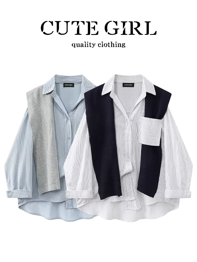 CuteGirl Thiết kế theo phong cách Hàn Quốc với khăn choàng, áo sơ mi sọc trắng dành cho nữ, bộ áo sơ mi thường ngày thanh lịch mùa thu hai mảnh