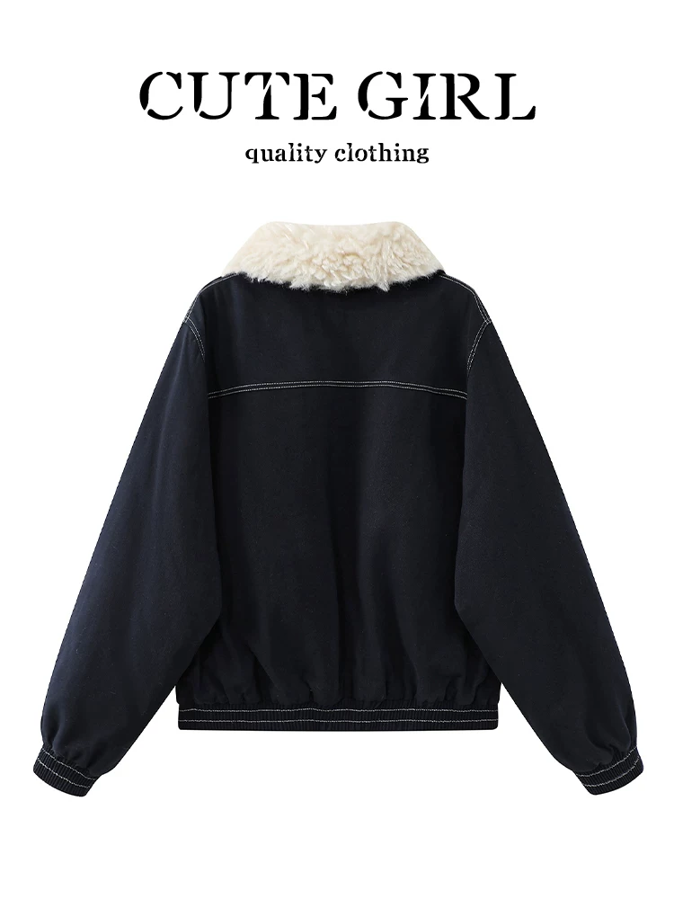 Áo khoác denim cổ lông cổ điển Hàn Quốc CuteGirl dành cho nữ, mùa thu đông, sành điệu, dáng rộng, giản dị, đa năng, áo khoác lót lông cừu