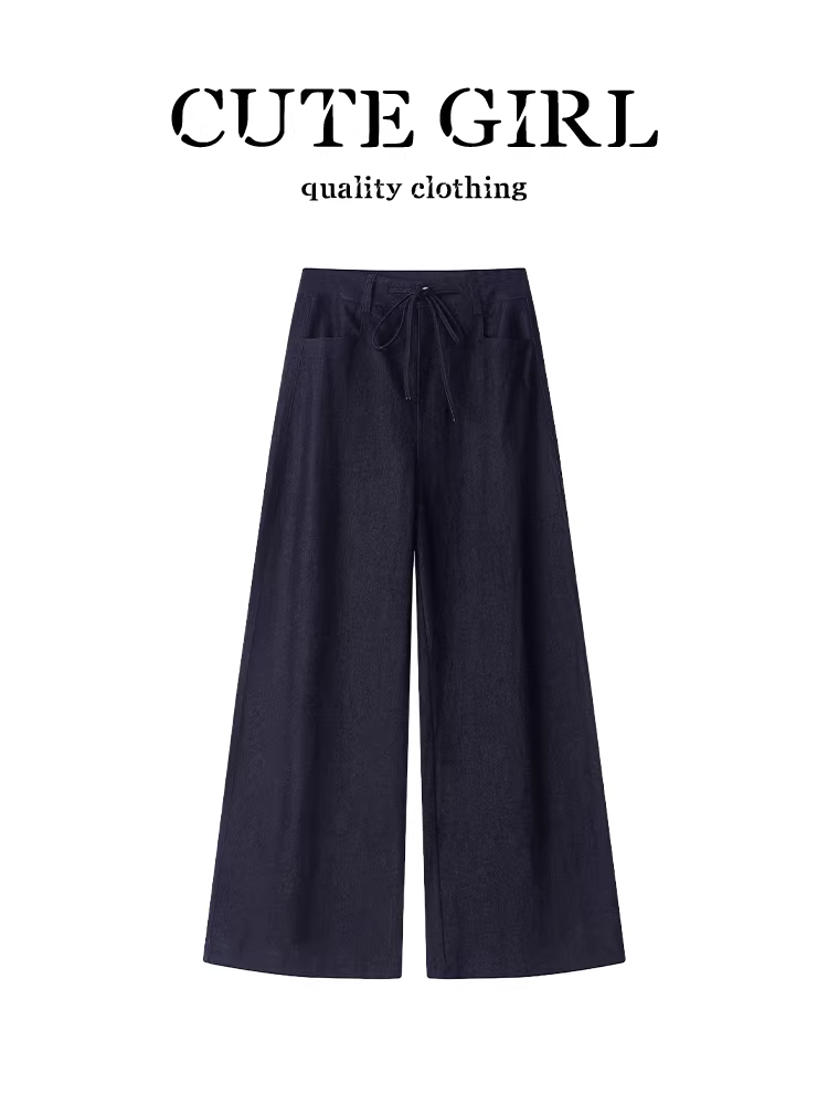 Quần ống rộng màu xanh đậm phong cách Hàn Quốc dành cho nữ, thiết kế mùa thu, lưng cao, giảm béo, quần ống đứng đa năng