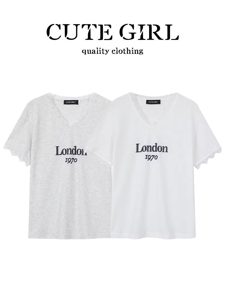 Áo thun ngắn tay cổ chữ V phối ren thiết kế CuteGirl dành cho nữ, áo in chữ đa năng thường ngày mùa hè
