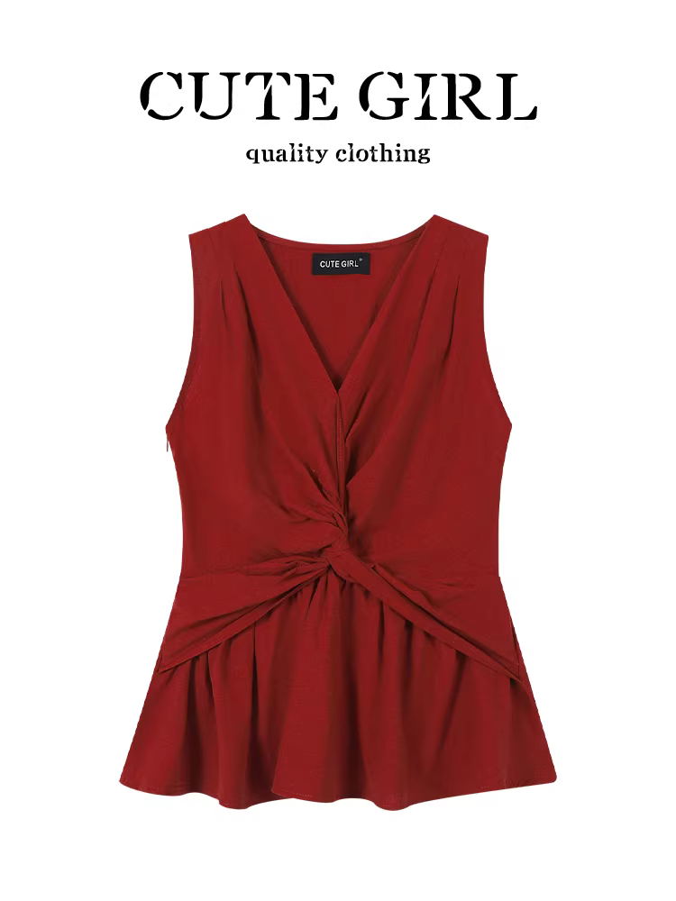 Áo vest không tay màu đỏ xoắn cổ chữ V thiết kế độc đáo của CuteGirl dành cho nữ, một chiếc áo ôm eo độc đáo và lộng lẫy cho mùa hè.
