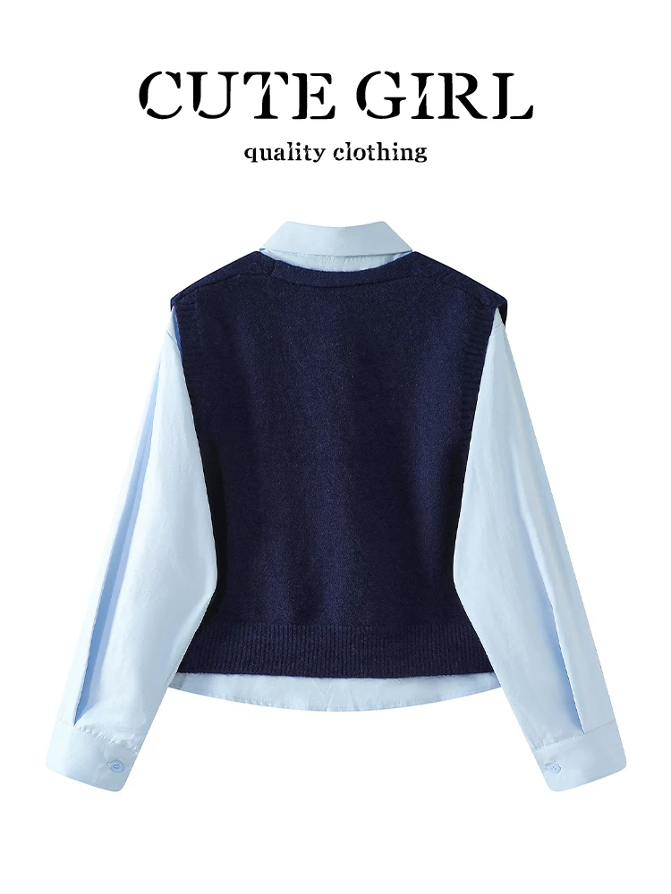 CuteGirl phong cách preppy áo sơ mi cổ polo màu xanh áo vest dệt kim mùa thu dành cho nữ dáng rộng giản dị đa năng phù hợp với lứa tuổi giảm tuổi tác