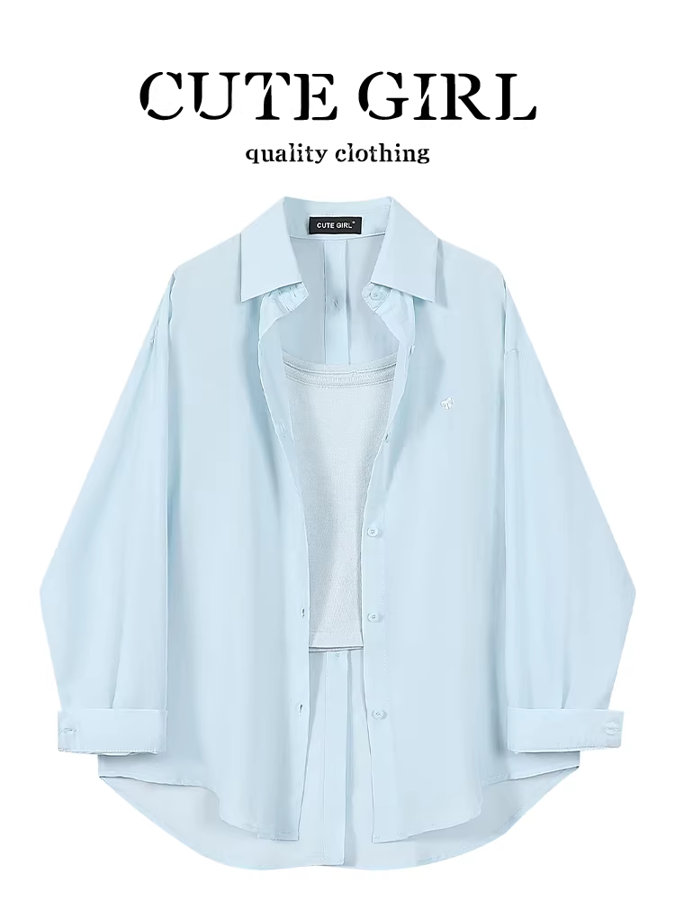 CuteGirl kiểu Pháp giản dị đơn giản áo chống nắng màu xanh dành cho nữ mặc mùa xuân bên trong áo yếm ngắn bộ hai món