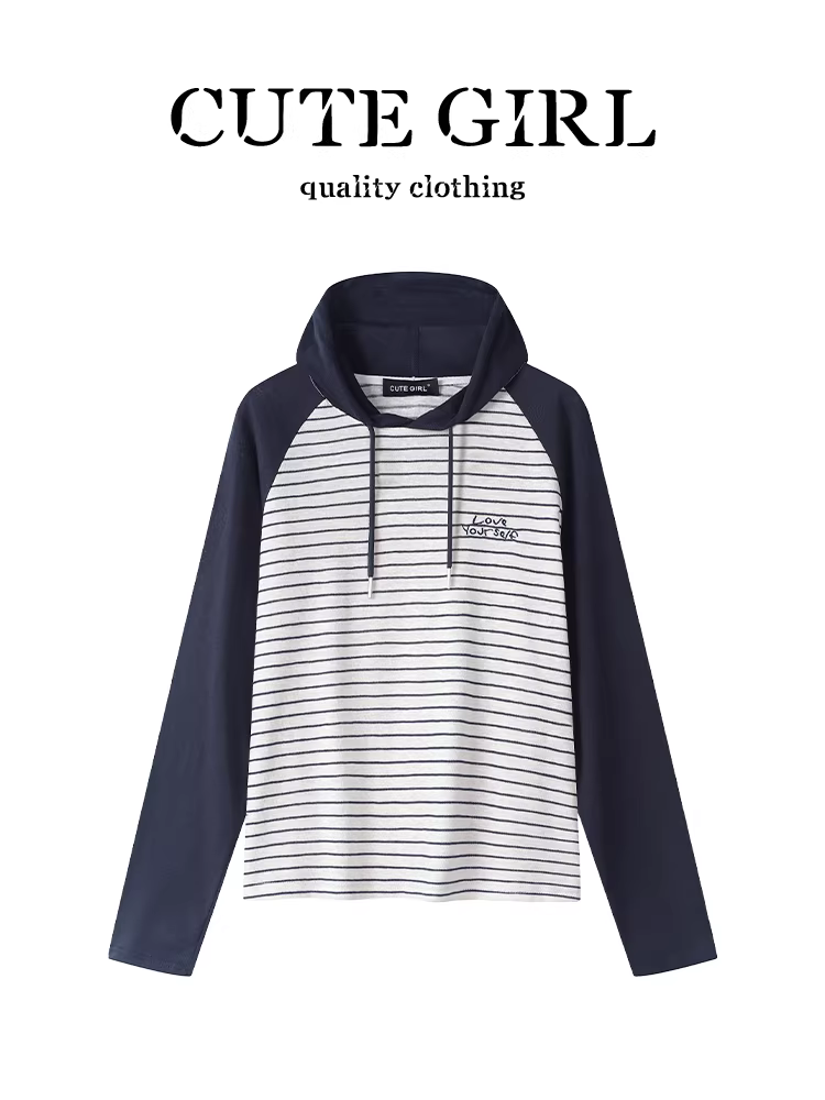 Áo thun dài tay có mũ trùm đầu màu sọc cổ điển kiểu Mỹ của CuteGirl dành cho nữ, áo tay raglan độc đáo và sang trọng cho mùa thu.