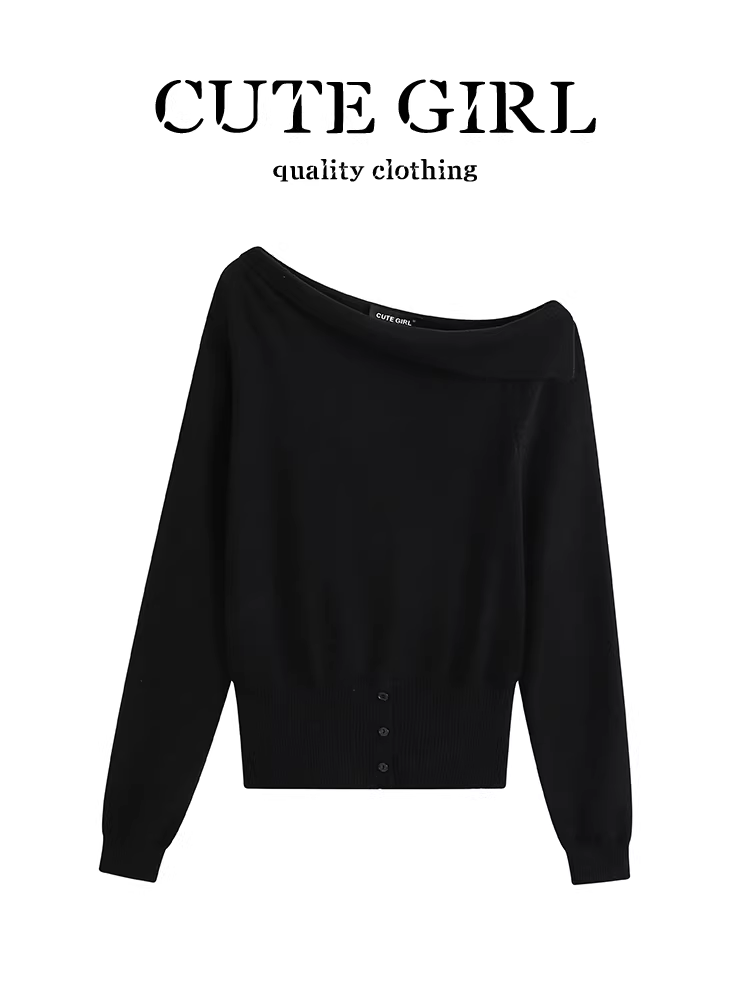 Áo len dệt kim lệch vai màu đen phong cách Hàn Quốc dành cho nữ, thiết kế mùa thu, thích hợp, ôm vừa vặn, đa năng, áo độc đáo