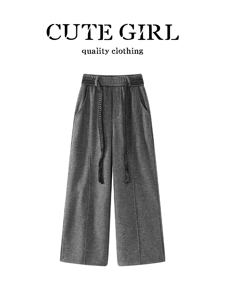 Quần thường ngày lót lông cừu màu xám đậm cao cấp của CuteGirl dành cho nữ, mùa thu đông, quần dáng nhỏ, rộng, thon gọn, quần ống rộng