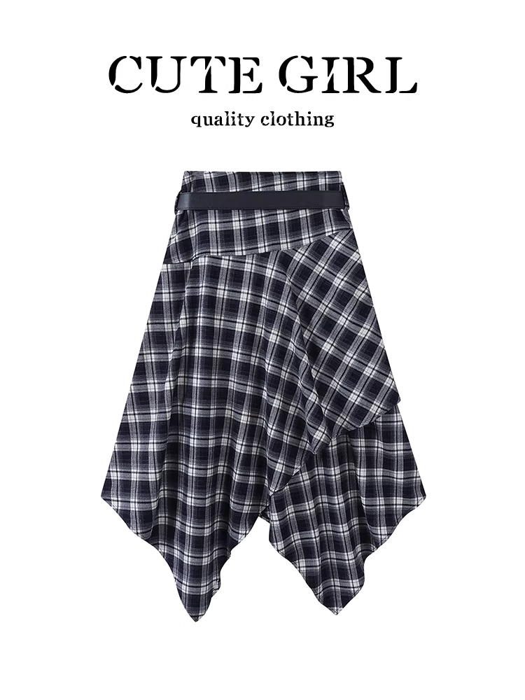 Váy kẻ sọc bất đối xứng phong cách Hàn Quốc dành cho nữ, thiết kế mùa thu, váy cạp cao, thon gọn, đa năng và độc đáo