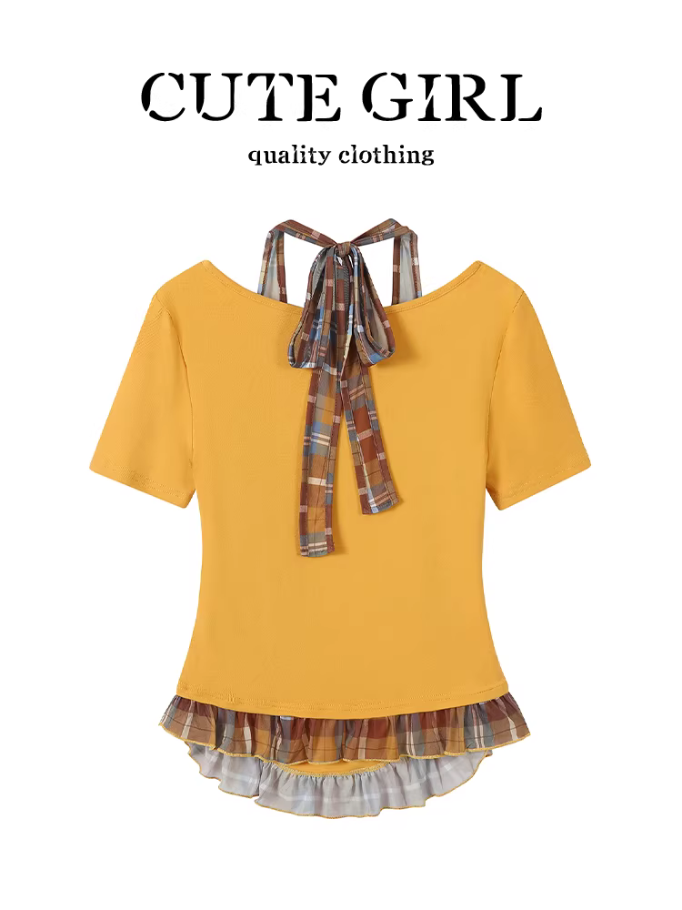 Áo thun ngắn tay giả hai mảnh kiểu Hàn Quốc dễ thương dành cho nữ, thiết kế mùa hè với áo thun có eo thon