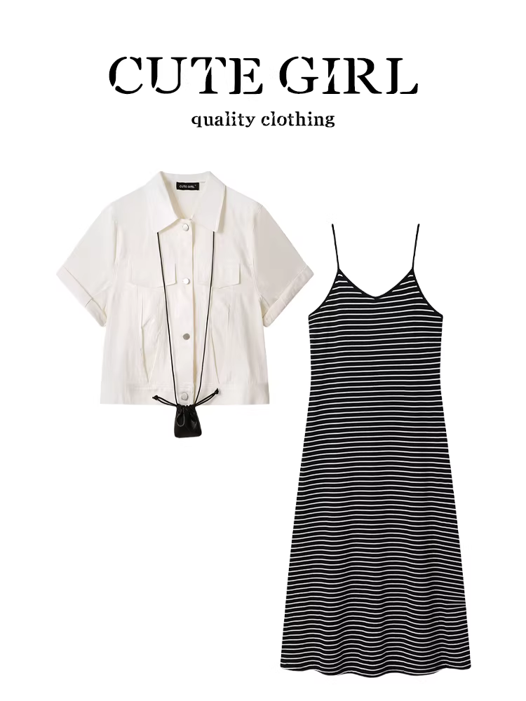 Bộ váy mùa hè xinh xắn của CuteGirl dành cho nữ, áo sơ mi ngắn tay màu trắng và váy hai dây sọc, bộ hai món