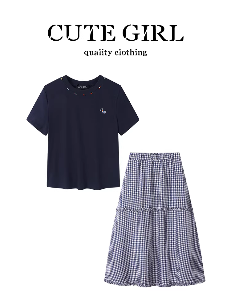 Bộ trang phục mùa hè xinh xắn và vui tươi của CuteGirl dành cho bé gái, áo thun thêu hình ngựa con và váy kẻ sọc lưng cao hai mảnh