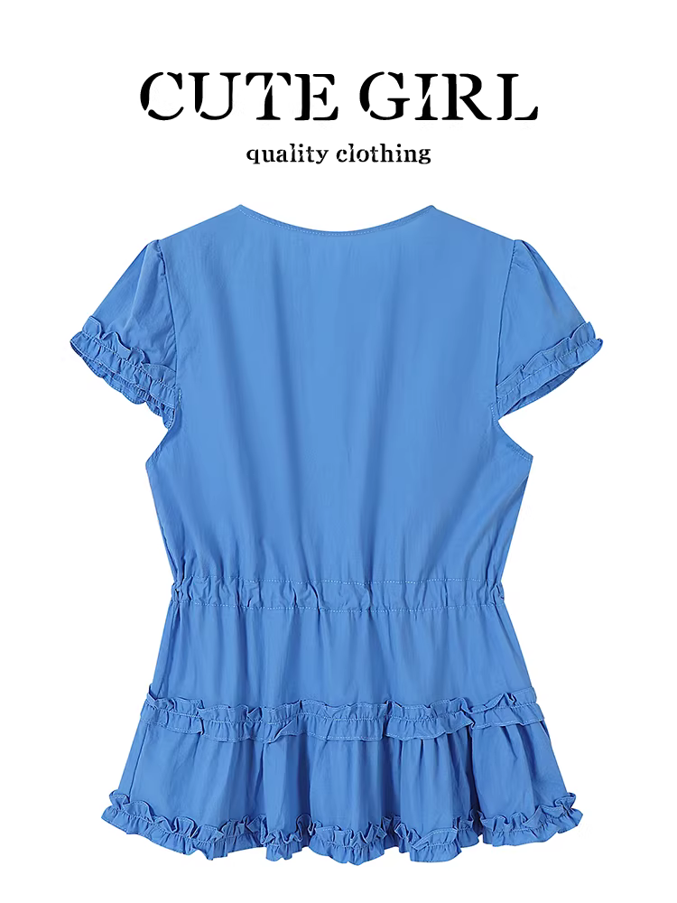 Áo sơ mi ngắn tay màu xanh nhạt kiểu Pháp dễ thương dành cho nữ, áo kiểu xếp ly thắt eo sang trọng mùa hè.