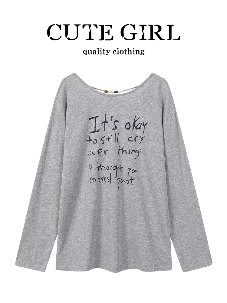 Áo thun dài tay cổ tròn màu xám phong cách Hàn Quốc dành cho nữ, phong cách lười biếng mùa hè, áo che nắng rộng rãi và đa năng.