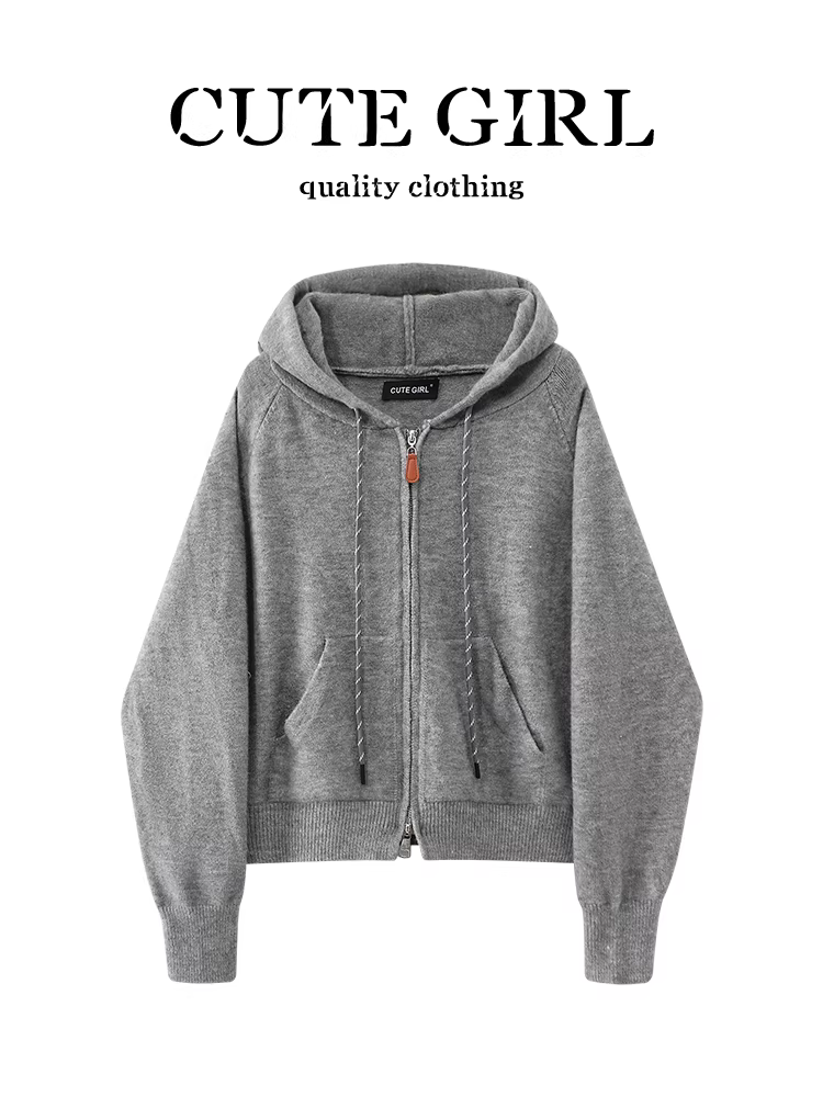 Áo len có mũ trùm đầu có dây kéo màu xám cổ điển của CuteGirl dành cho nữ, mùa thu đông, sành điệu, dáng rộng, giản dị, đa năng