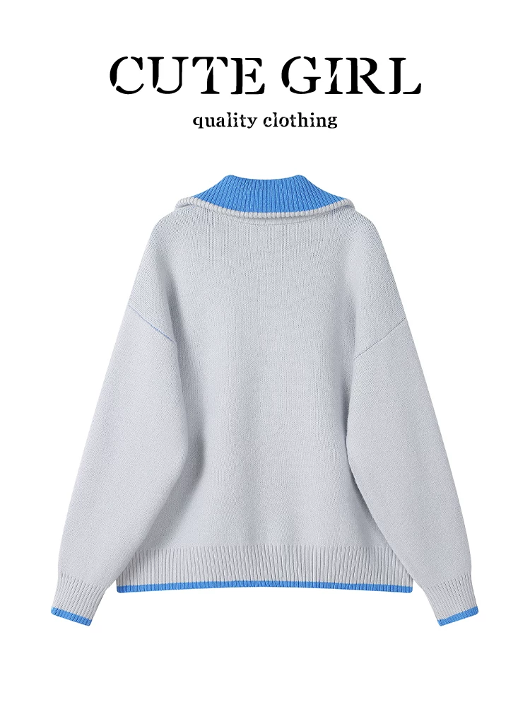 Áo len cổ polo họa tiết chữ jacquard màu tương phản phong cách Hàn Quốc dành cho nữ, mùa thu đông, thanh lịch, dáng rộng, giản dị và đa năng