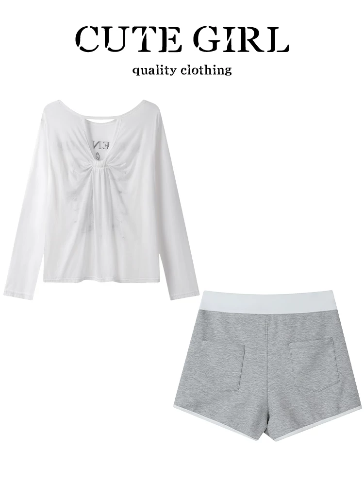 Bộ đồ thường ngày CuteGirl dành cho nữ, áo chống nắng in họa tiết mùa hè, áo phông, quần short ống rộng lưng cao màu tương phản, bộ hai mảnh