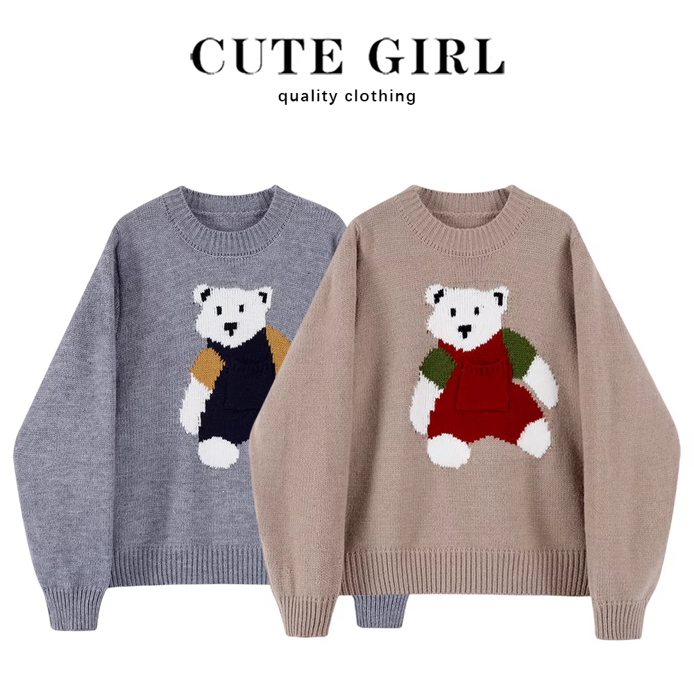 Áo len dáng rộng nhỏ nhắn dễ thương dành cho nữ, kiểu mới xuân thu 2025, áo len dệt kim hình gấu hoạt hình dễ thương.