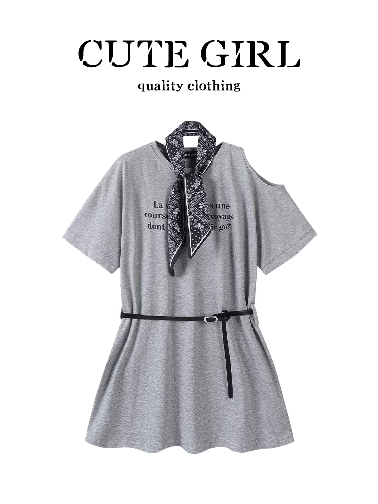 Áo thun ngắn tay màu xám cổ điển kiểu Mỹ của CuteGirl có khăn lụa và thiết kế trễ vai dành cho phụ nữ trong mùa hè, áo ôm eo và thon gọn