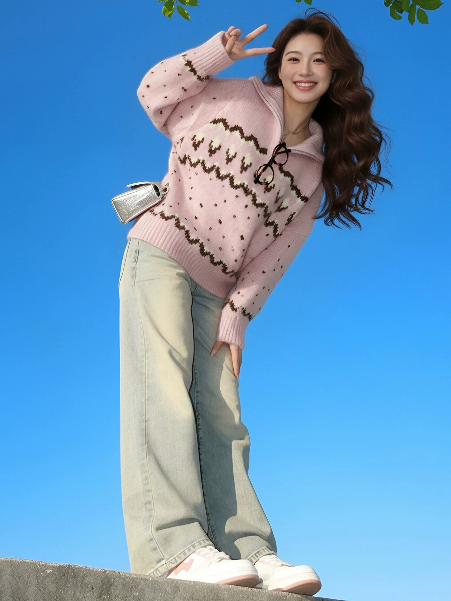 Áo len cổ lọ nửa khóa kéo màu hồng phong cách Hàn Quốc của CuteGirl dành cho nữ, áo len dáng rộng cổ điển mùa đông