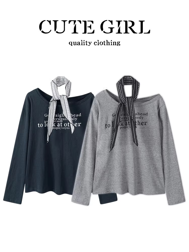 Áo thun dài tay in họa tiết lệch vai màu xám phong cách Hàn Quốc có khăn quàng cổ dành cho nữ, đầu thu, áo kiểu dáng thanh lịch, rộng rãi và đa năng