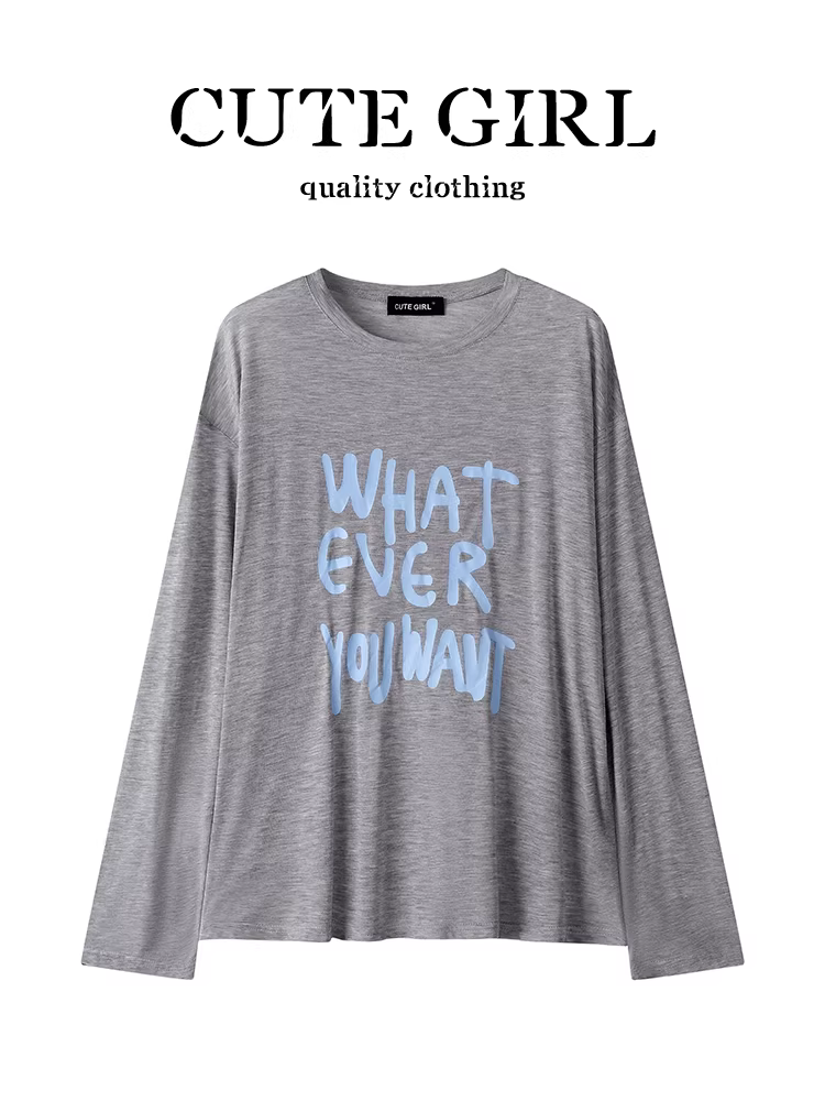 Áo thun dài tay in chữ màu xám phong cách giản dị của CuteGir dành cho nữ, phong cách lười biếng mùa hè, dáng rộng và đa năng, áo thon gọn