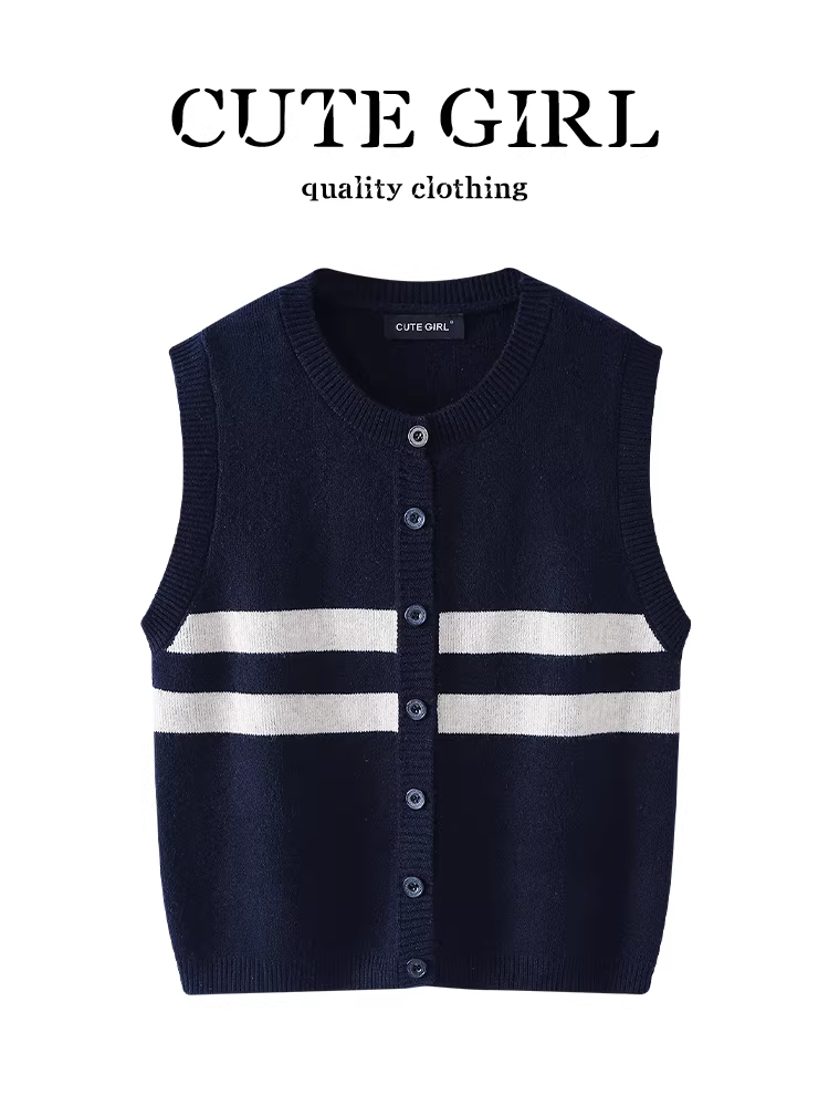 Áo vest dệt kim sọc xanh hải quân phong cách Pháp dễ thương dành cho nữ, thiết kế mùa thu, áo dáng rộng, giản dị và đa năng