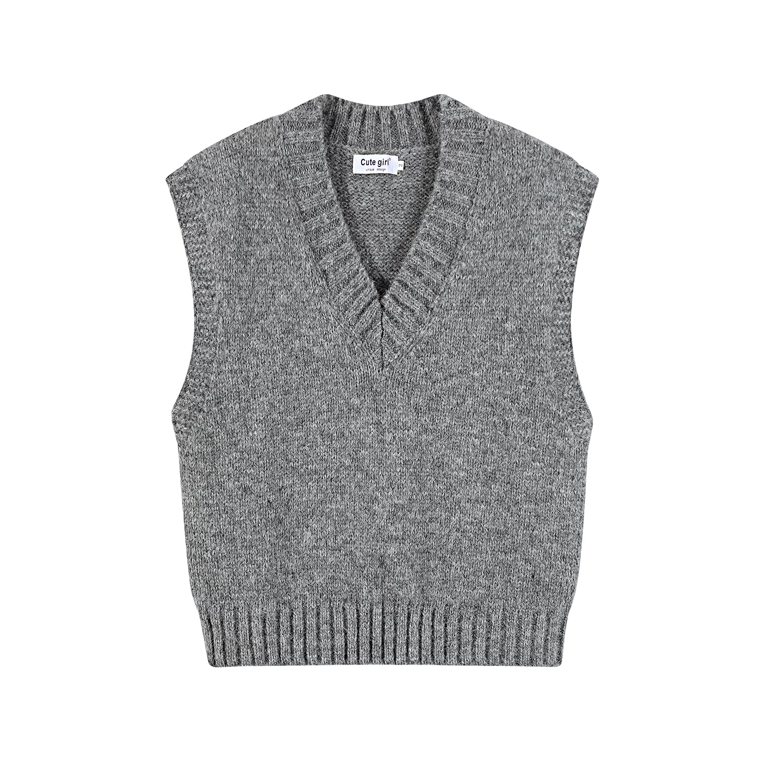 Áo vest dệt kim cổ chữ V màu xám phong cách dễ thương dành cho nữ, áo len không tay mặc ngoài mùa xuân