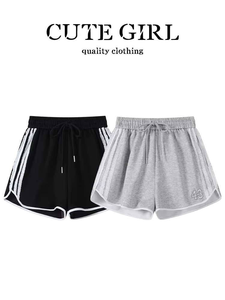 Quần short ren màu xám phong cách Hàn Quốc dành cho nữ, thiết kế mùa hè, quần short ống rộng cạp cao, thon gọn, đa năng