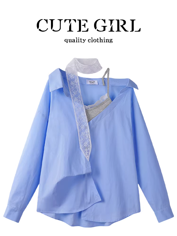 Áo sơ mi trễ vai giả hai mảnh kiểu Pháp của CuteGirl dành cho nữ, áo kiểu xuân thanh lịch và trẻ trung, ngọt ngào và cay cay
