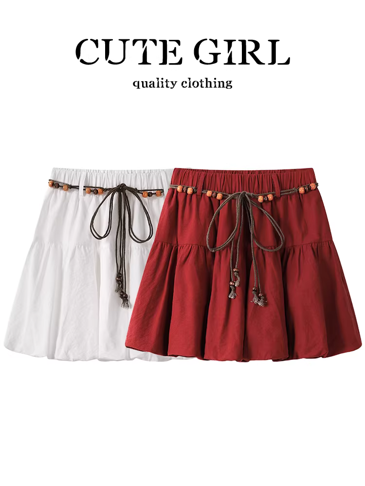 CuteGirl Váy hoa màu đỏ eo co giãn phong cách retro Hàn Quốc dành cho nữ, váy ngắn có đai đính cườm mùa hè dành cho nữ