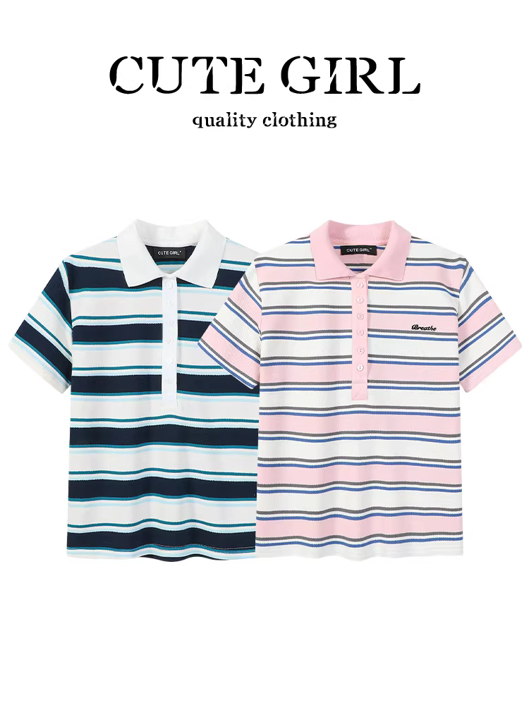 Áo thun ngắn tay có cổ sọc phối màu phong cách Hàn Quốc dành cho nữ, phong cách đại học mùa hè, dáng rộng và đa năng, áo giảm tuổi tác.