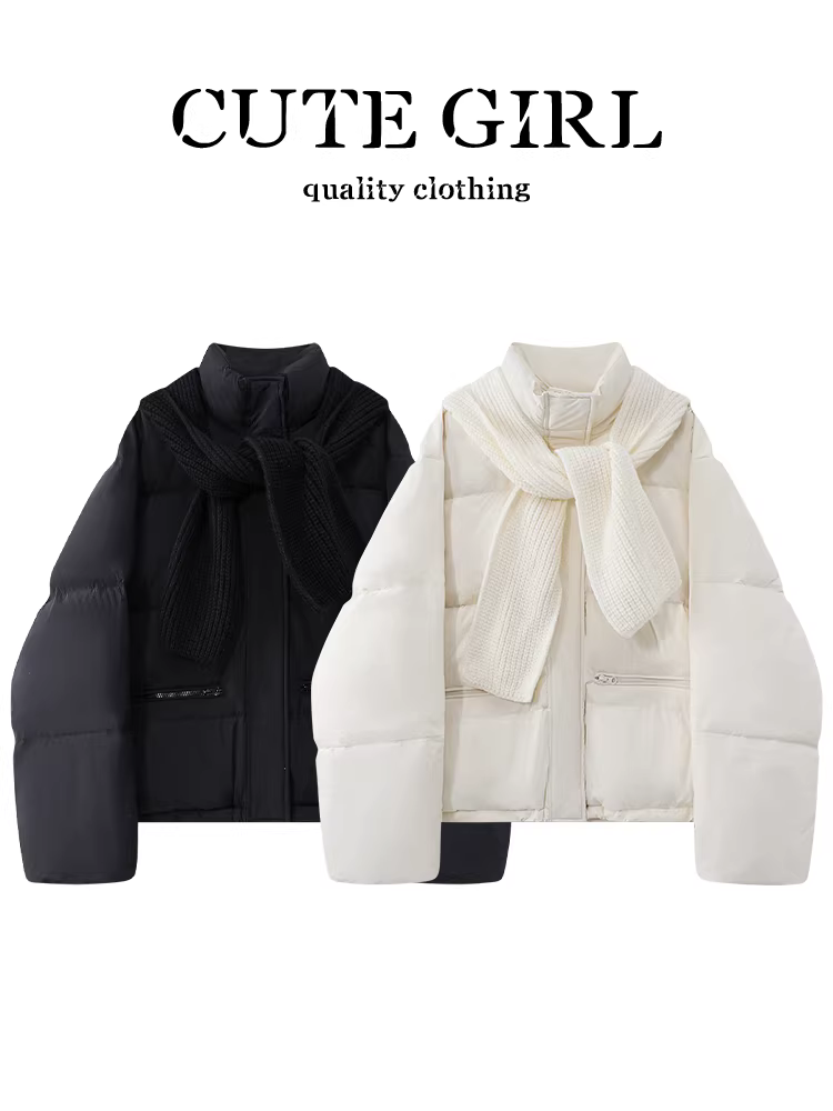 Áo khoác lông vũ cao cấp CuteGirl có khăn choàng và cổ đứng dành cho nữ, mùa thu đông, áo khoác cotton nhỏ nhắn, rộng rãi, giản dị, đa năng