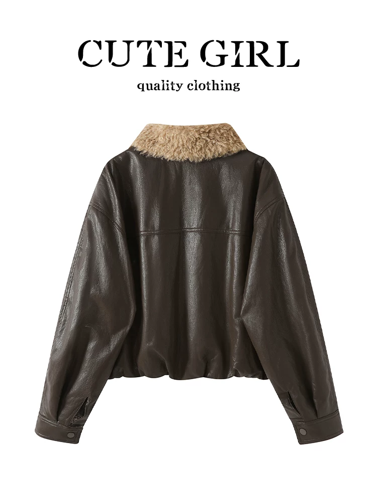 Áo khoác da lót lông cừu màu cà phê phong cách CuteGirl Barn dành cho nữ, áo khoác dáng rộng đa năng cao cấp mùa thu