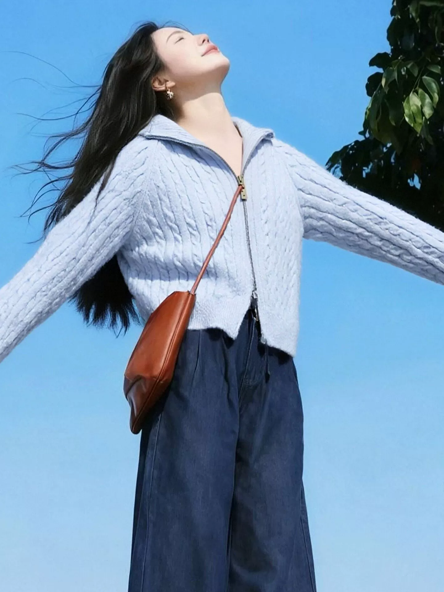 Áo cardigan dệt kim có dây kéo đôi màu xanh lam phong cách Hàn Quốc dành cho nữ, áo khoác dệt kim đa năng giảm tuổi xuân đầu xuân
