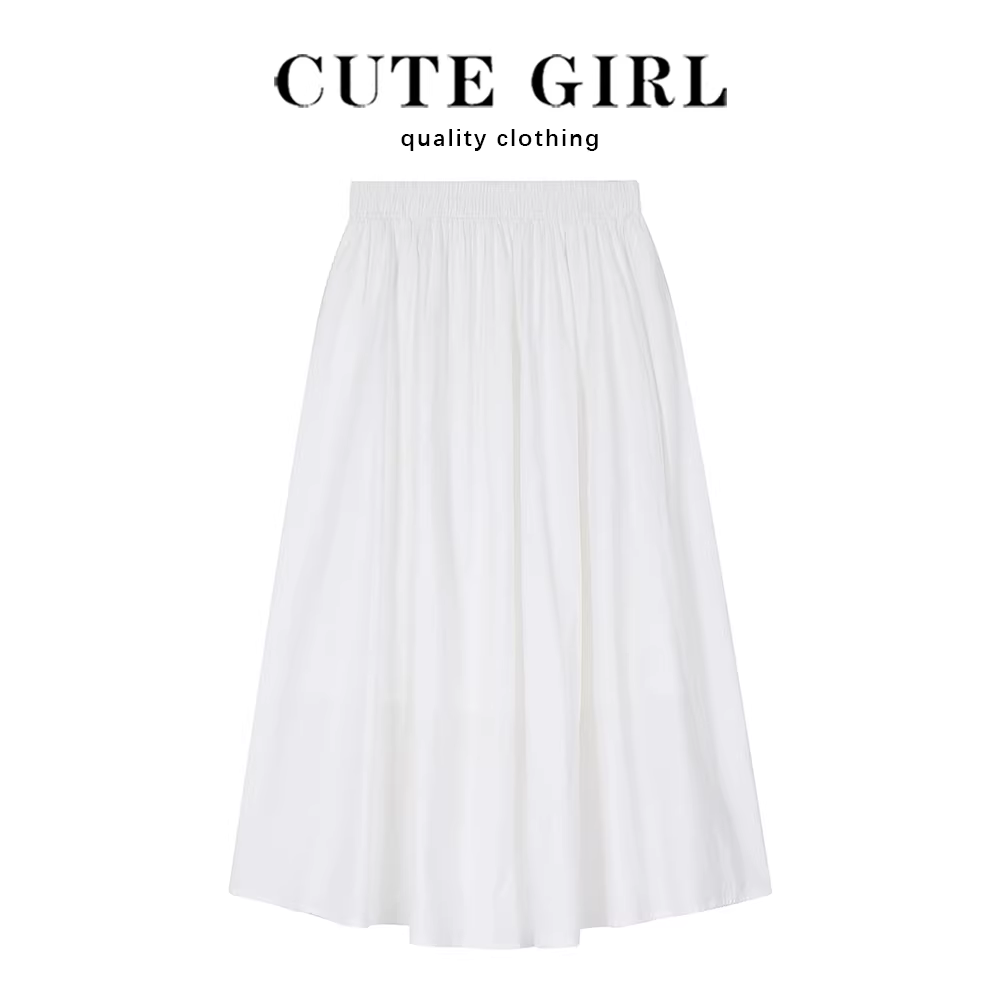 Váy dài vừa vặn eo cao CuteGirl dành cho phụ nữ nhỏ nhắn, váy chữ A màu trắng dành cho nữ, trang phục mùa thu 2024 phong cách mới
