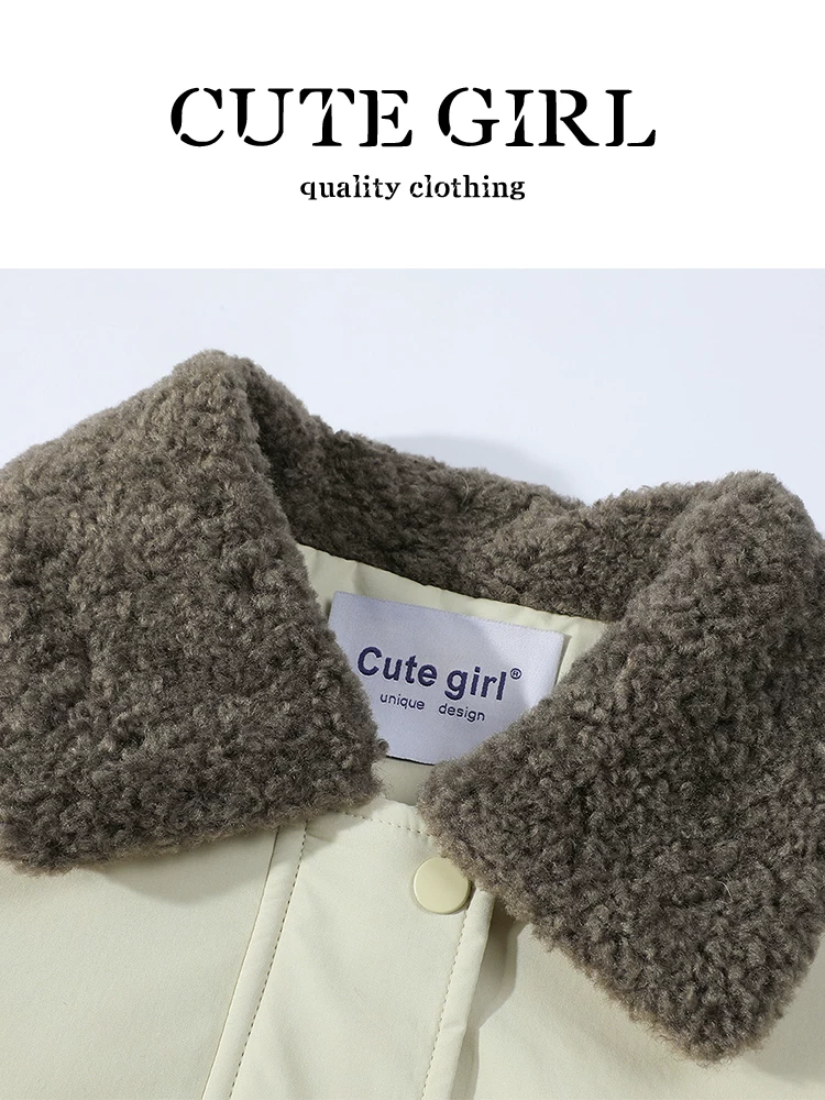 Áo khoác len cừu có cổ phong cách CuteGirl dành cho nữ, mùa thu đông, áo khoác dáng rộng vừa vặn đa năng