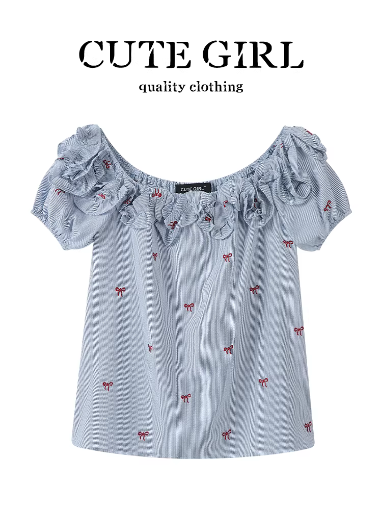 Áo sơ mi tay phồng lệch vai in ba chiều phong cách Hàn Quốc CuteGirl dành cho nữ, áo sơ mi dáng rộng giảm tuổi theo phong cách ngọt ngào mùa hè