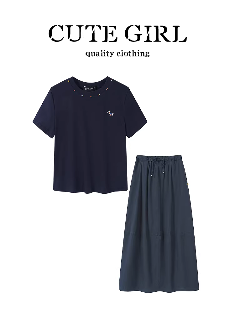 CuteGirl phong cách Hàn Quốc sang trọng, bộ đồ hoàn chỉnh gồm áo thun ngắn tay thêu hình ngựa mùa hè và váy kẻ sọc hai mảnh dành cho nữ