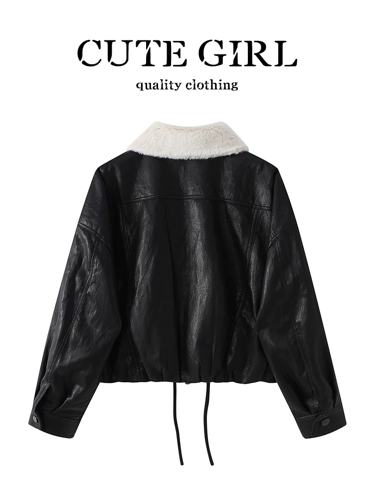 CuteGirl phong cách retro Mỹ cổ lông thú lót lông cừu dày dặn áo khoác da màu đen áo khoác mùa đông tích hợp lông thú dành cho nữ