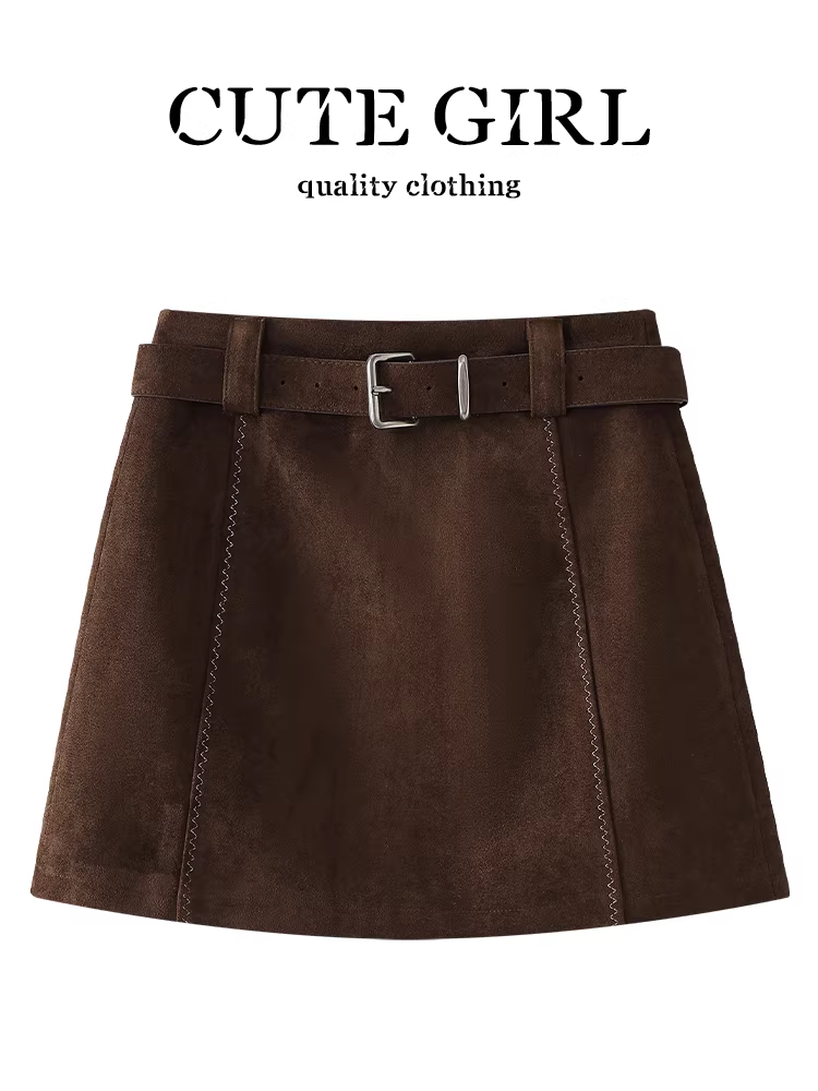 Váy chữ A da lộn cổ điển Hàn Quốc CuteGirl dành cho nữ, thiết kế mùa thu, lưng cao, thon gọn, váy ngắn đa năng