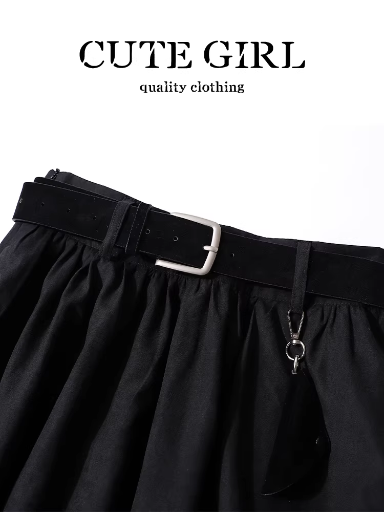 Váy chữ A màu đen phong cách Hàn Quốc có thắt lưng dành cho nữ, váy xòe đa năng eo cao thanh lịch mùa thu